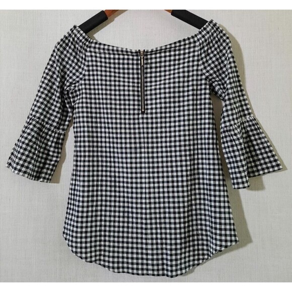 WHBM Gingham Cottagecore Peasant Top Empire Waist Flounce Bell Sleeves SZ XXS - Picture 2 of 6